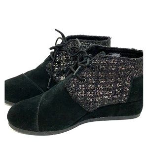 Toms Booties Black Suede Tweed Silver Wool